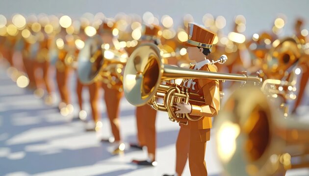 Marching Band Performing Outdoors with Brass Instruments.
