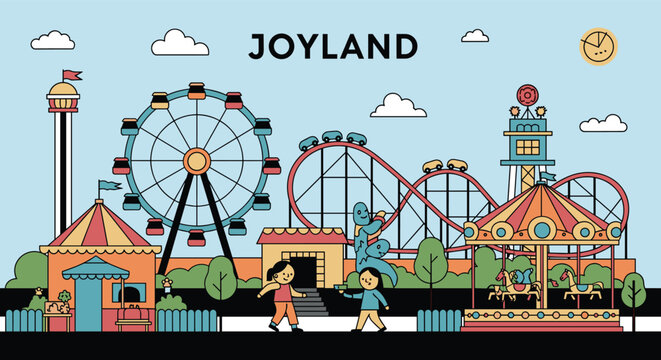 Joyland amusement park illustration with a Ferris wheel, roller coaster, carousel, and happy children at the entrance.