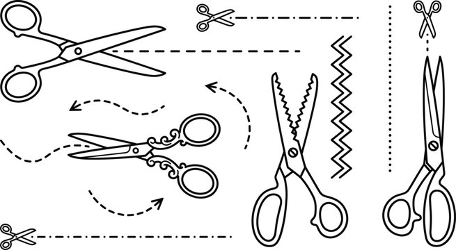 Scissors with cut lines vector line art set with coupon dash border shapes for craft tailoring designs
