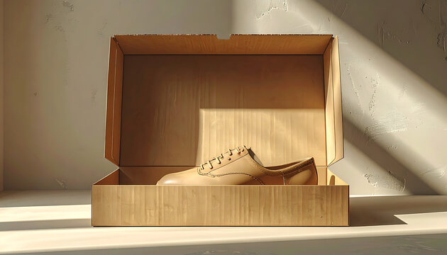 New beige leather shoe in an open cardboard box, studio lighting with shadows, product photography for e-commerce and retail