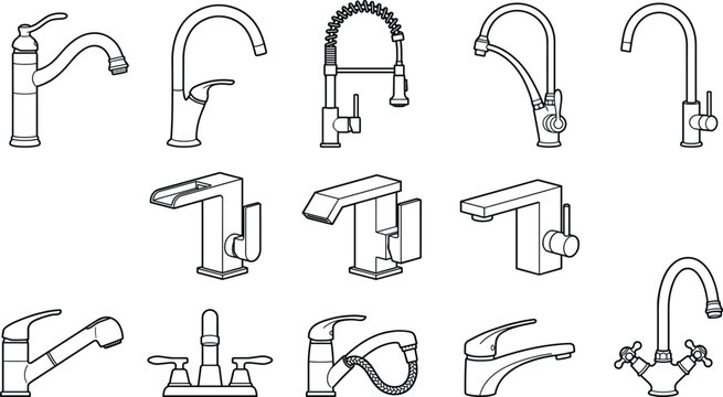 Water faucet tap vector line art set with various kitchen and bathroom plumbing fixture design models