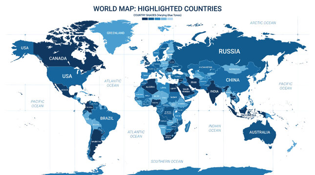 Blue world map with highlighted countries and labels