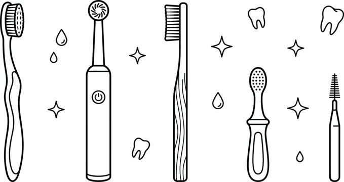 Dental care toothbrush vector line art set with electric bamboo manual brushes and healthy tooth elements