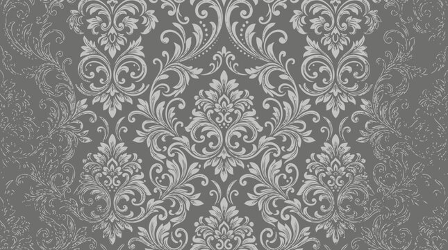 Classic grey damask floral seamless pattern background.