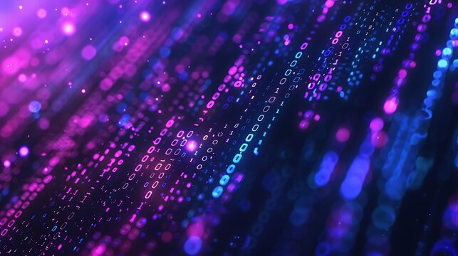 Abstract digital DATA render, dark blue purple background, glowing 3D binary code letters, particle bokeh lights scattered, dramatic depth, futuristic technology cinematic render