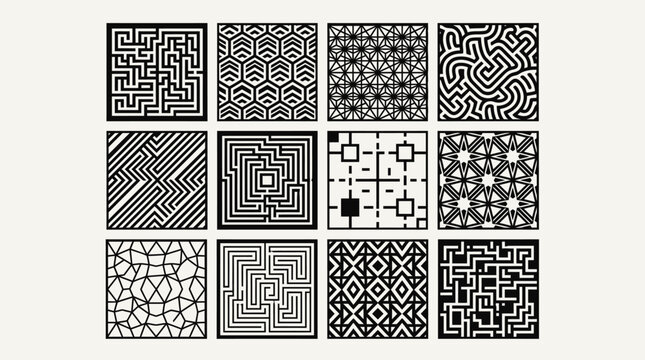 Collection of twelve black and white geometric maze patterns.