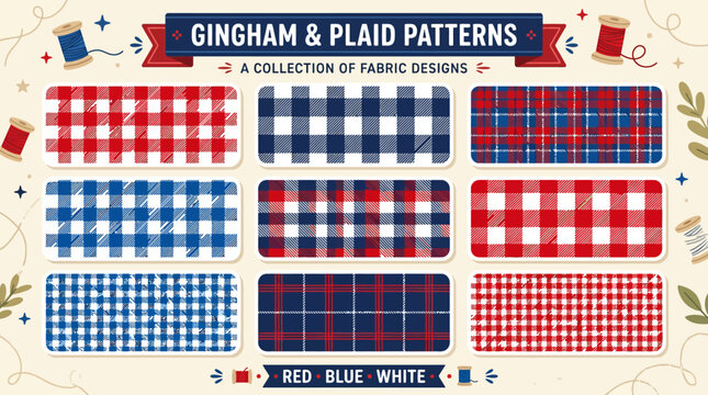 Collection of red and blue gingham and plaid fabric patterns.