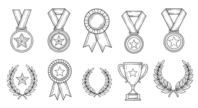 Set of vintage-style award icons with medals, ribbons, a trophy cup, and laurel wreaths in a detailed engraved style.