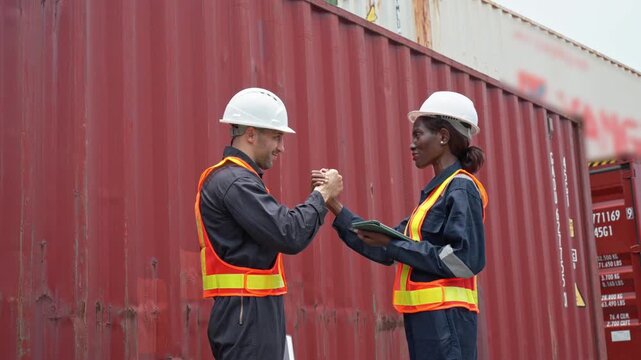 Two Workers in Safety Vast Consulting at Shipping Container Yard During Inspection