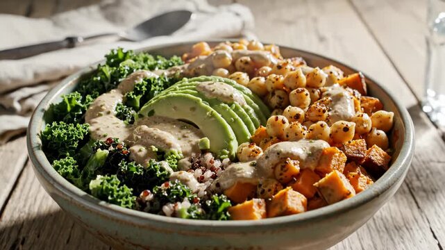 Vegan buddha bowl containing roasted sweet potato, cooked chickpeas, fresh kale, sliced avocado, and tri-color quinoa with tahini dressing in a ceramic bowl on a rustic wooden table.