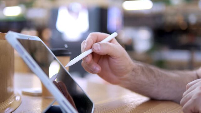 Hand holds stylus over tablet in cafe setting. Focus on precise digital drawing or note-taking. Soft background lighting creates calm ambiance. Ideal for creative work, remote learning