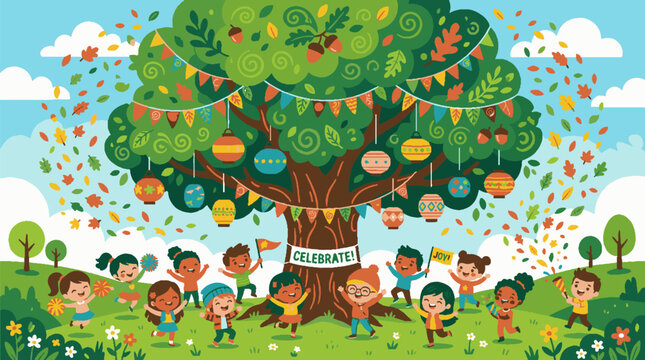 Colorful cartoon illustration of diverse happy children celebrating and dancing around a large decorated tree.