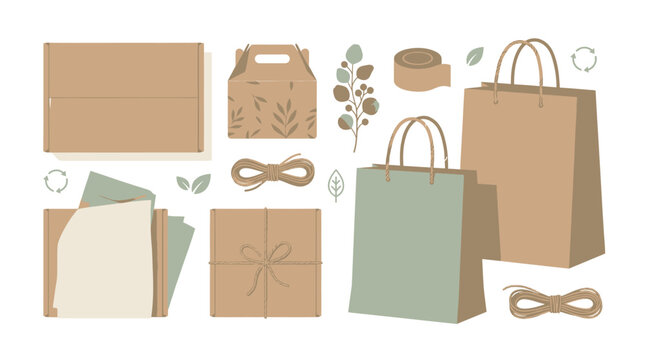 Eco-friendly packaging and gift wrapping materials, including boxes, bags, twine, and tape