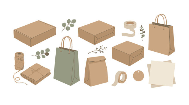 Brown paper gift boxes, shopping bags, and wrapping supplies, perfect for eco-friendly packaging and sustainable gifts