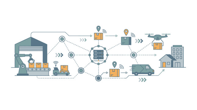 Modern smart logistics and supply chain ecosystem showcasing automation, IoT connectivity, and diverse delivery methods from factory to final recipient