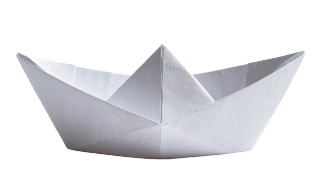 White paper origami boat sailing on water, isolated on transparent background