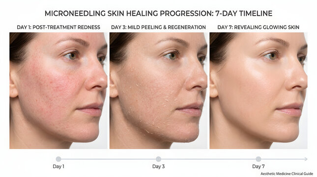 Microneedling skin healing progression timeline of a woman