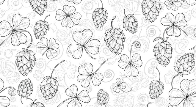 Seamless pattern background with hand-drawn black and white sketches of hops and three-leaf clover on a white backdrop.