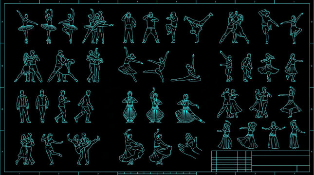 Various Dance Styles CAD Illustration Collection with Dancers in 2D AutoCAD Technical Blueprint Vector Set