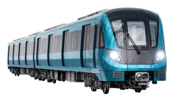 Modern blue metro train with reflective windows, isolated on transparent background