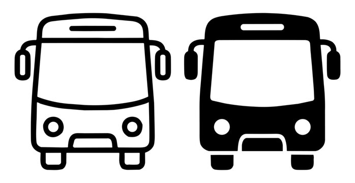 Black and white bus front view icons in outline and solid style on transparent background