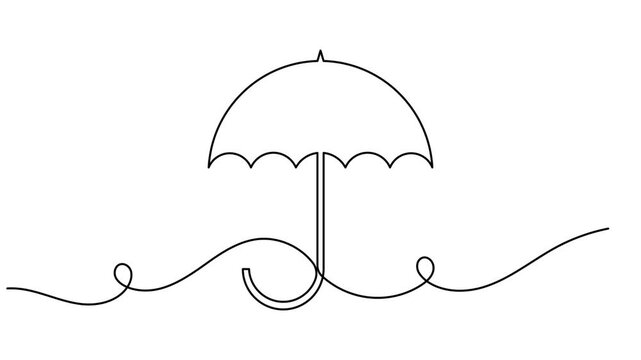 Single line umbrella icon continuous one line art drawing on white background minimal protection of sun shade and weather concept symbol 4k animation video