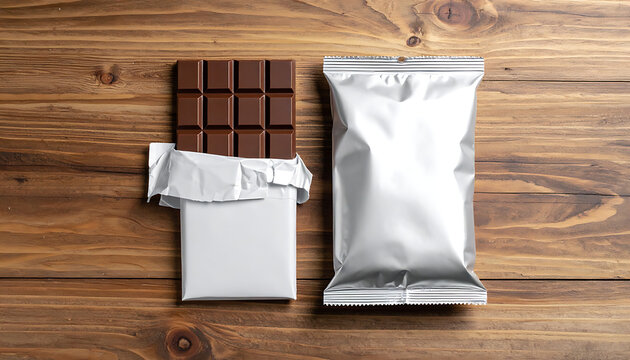 Open chocolate bar with blank wrapper next to silver foil package on a wooden surface, dessert snack concept