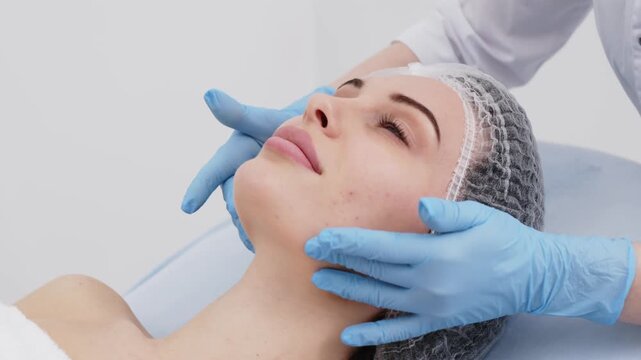 Cosmetologist in gloves examining young woman's facial skin in modern beauty clinic. Concept skin analysis, cosmetology and professional skincare.
