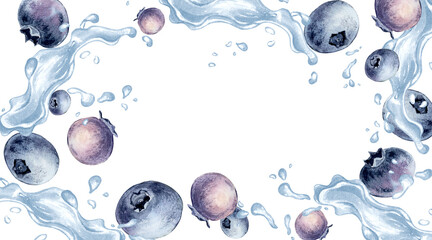 Blueberry watercolor illustration with splashing water frame isolated. Summer drawing of fresh berry fruit with liquid splash. Border copy space for menu design, organic food label and healthy eating. © Ekaterina Lanbina
