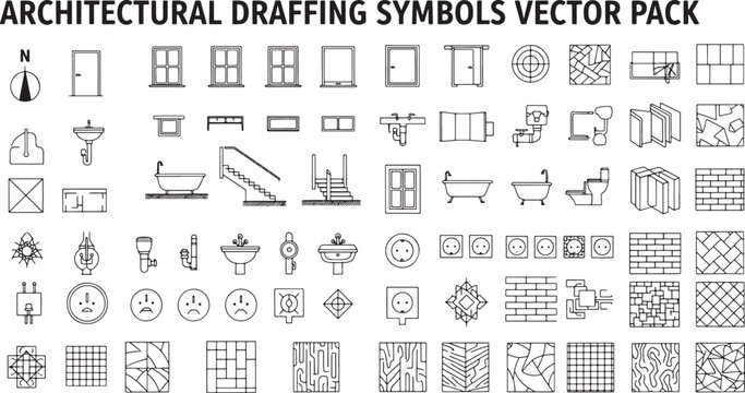 Architectural Drafting Symbols Vector Pack Featuring Furniture Fixtures Electrical Outlets and Floor Material Patterns for Construction Blueprints