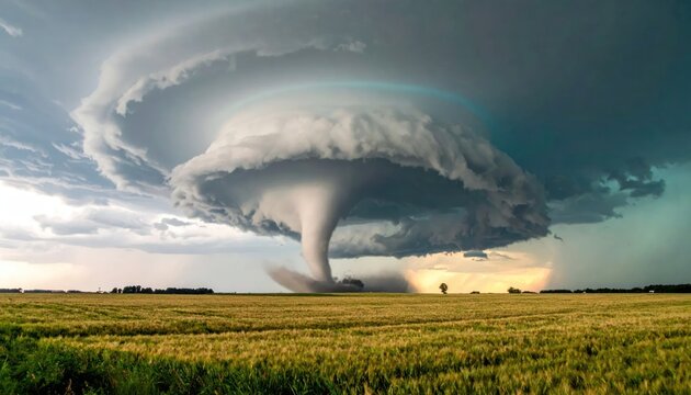 Massive tornado storm cloud formation over agricultural field at sunset.