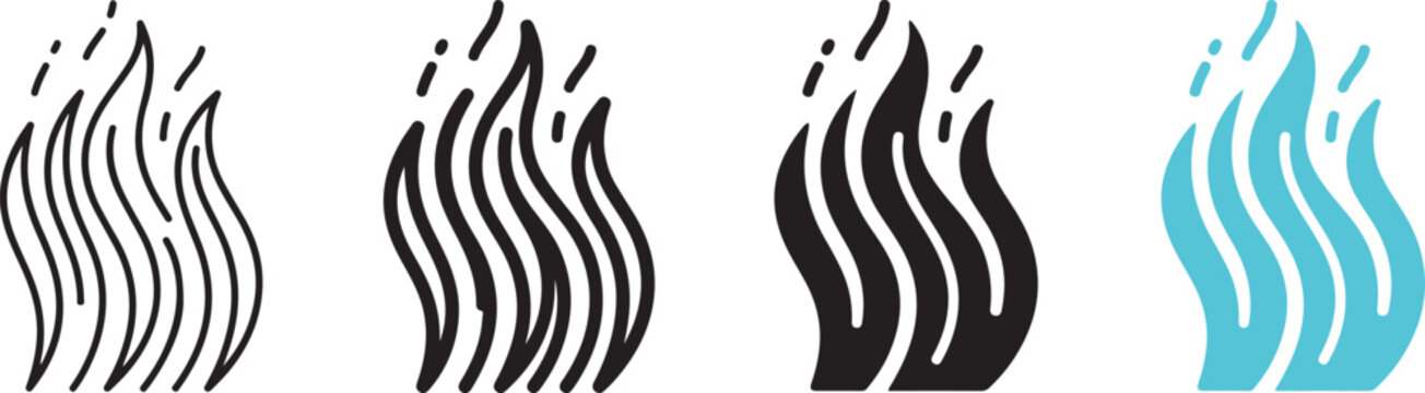 Set of four simple fire flame icons in different styles