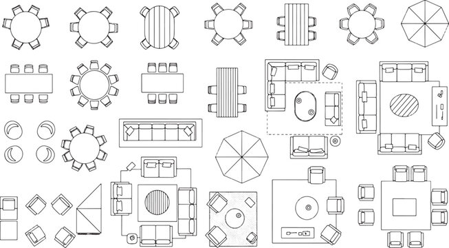 Furniture floor plan symbols set with tables chairs and sofas for interior design and architectural drafting projects