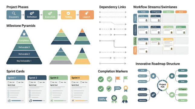 Project management infographic elements and workflow planning icons set