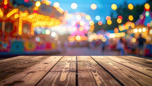 Wooden Table Surface with Blurred Amusement Park Lights at Dusk.