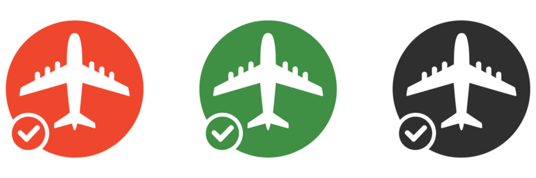 airplane, vector approval icon collection with checkmark and verified badge symbols, elite travel authorization ranking title representing flight confirmation, booking validation, premium status appro