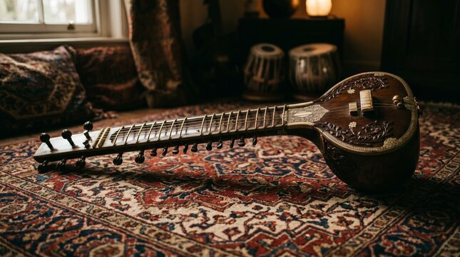 indian musical instrument stringed traditional sitar tabla music cultural heritage art handmade wooden ornate decorative intricate design patterned rug carpet vintage classic