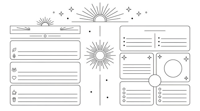 Minimalist daily planner template with celestial sun and star motifs