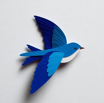 children&rsquo;s book style illustration of a blue bird in flight, side profile facing right, simple construction paper cutout look, clean shapes, white background