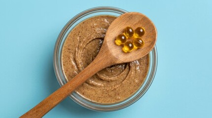 Fototapeta premium Smooth nut butter with golden omega-3 capsules on a wooden spoon, close-up shot on blue background.