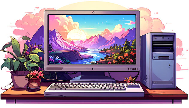 Retro pixel art computer setup with mountain landscape on screen, potted plant, and soft pink sky, evoking nostalgia and digital nature themes