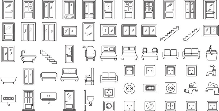 Set of architectural floor plan icons including doors windows furniture and electrical fixtures in line art style