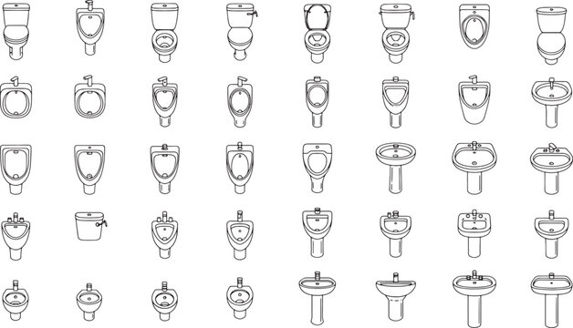 Set of bathroom sanitary ware icons including toilets, urinals, and washbasins in a simple line art style