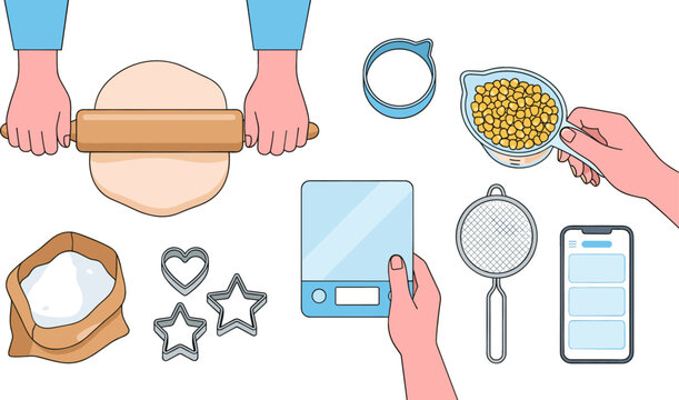 Baking and Pastry Cooking Icon Set with Hands Rolling Dough Flour Bag Cookie Cutters Digital Scale Sifter and Recipe Smartphone App Vectors