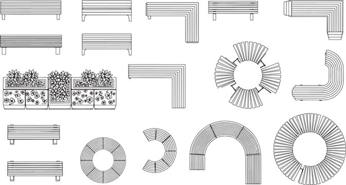 Set of park bench top view vector icons for landscape architecture design and urban planning site plans