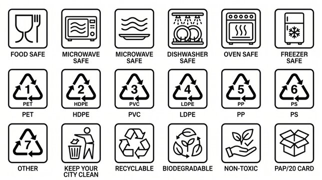 Recycling symbols and labels on packaging