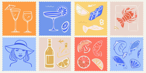 Colorful vintage style postage stamps depicting drinks seafood and travel themes © Endrajit