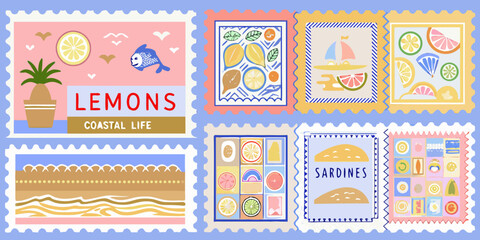 A collection of colorful postage stamps featuring summer fruits and coastal themes © Endrajit
