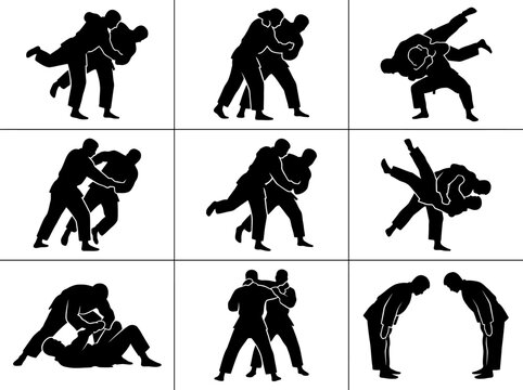 Judoka performing different martial arts throws and grappling techniques