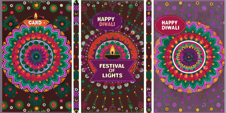 Colorful diwali cards with intricate floral mandala designs and celebratory messages